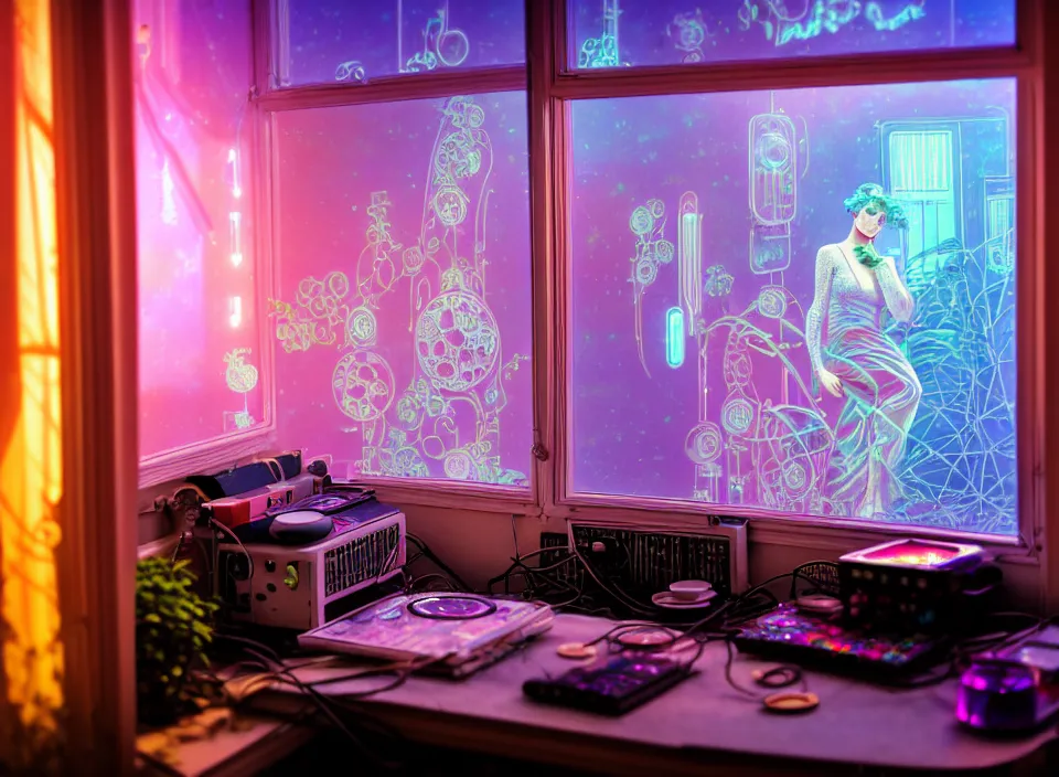 Image similar to telephoto 7 0 mm f / 2. 8 iso 2 0 0 photograph depicting the experience of dreamstate in a cosy cluttered french sci - fi ( art nouveau ) cyberpunk apartment in a pastel dreamstate art cinema style. ( iridescent terrarium, computer screens, window, leds, lamp, ( ( ( bed ) ) ) ), ambient light.