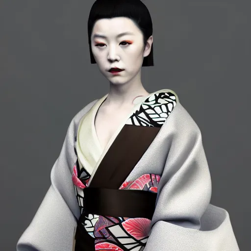 Prompt: japanese kimono inspired avant-garde art, deco fashion, highly detailed, photorealistic portrait, bright studio setting, studio lighting, crisp quality and light reflections, unreal engine 5 quality render