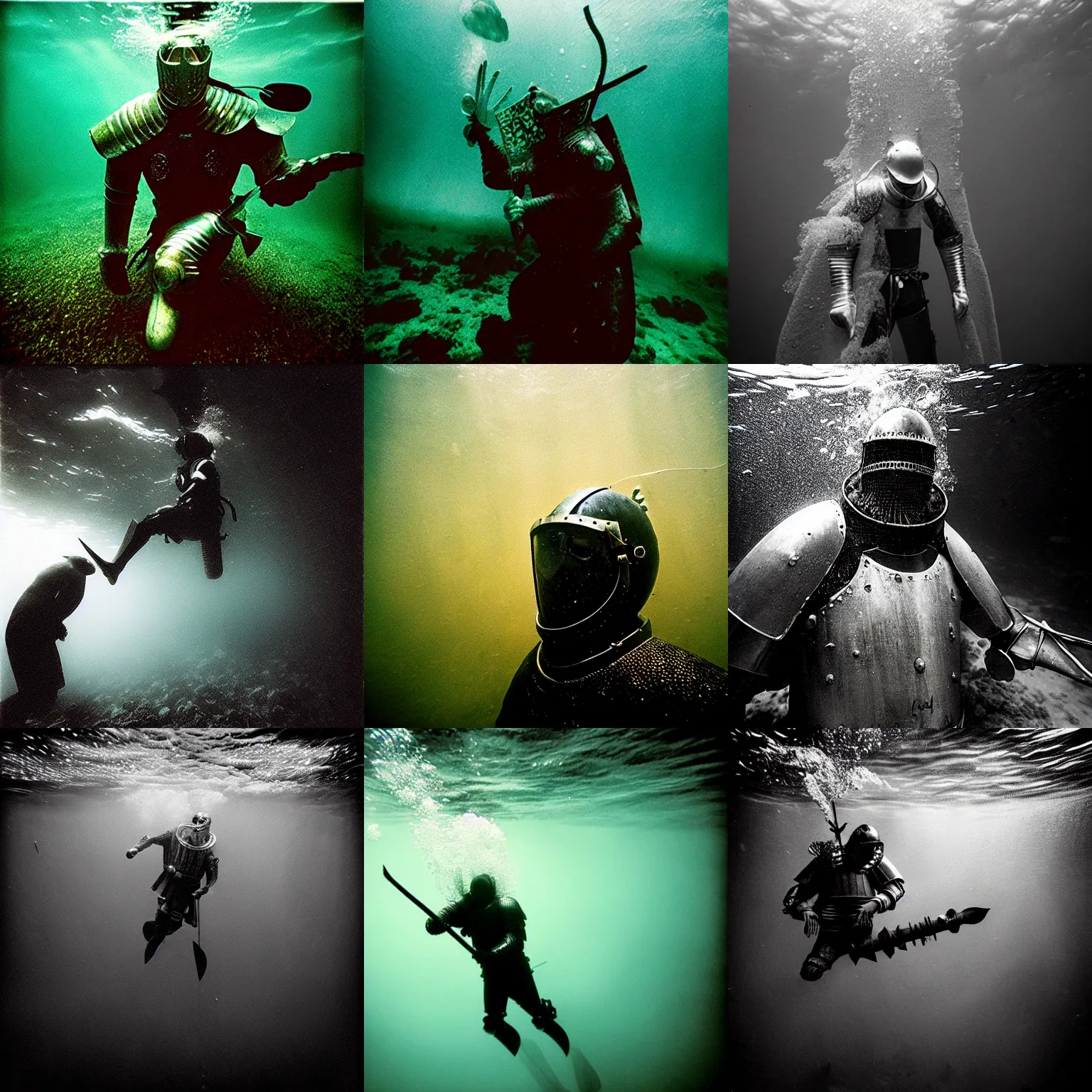 Image similar to Underwater photo of a beautiful medieval knight by Trent Parke, close up, clean, detailed, Magnum photos