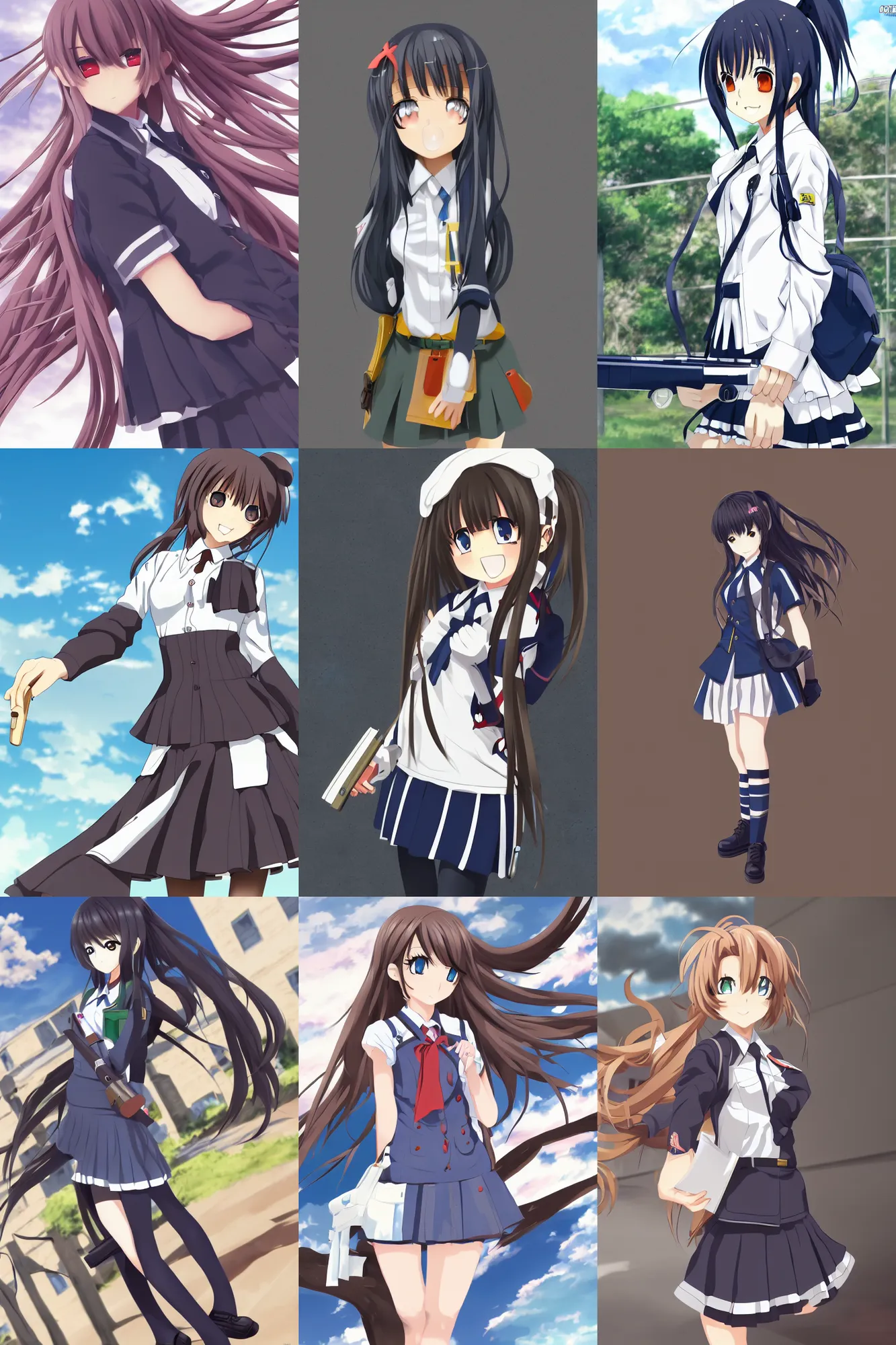 Prompt: anime girl, armed, school uniform, 8 k wallpaper, high detailed, illustration, morandi color scheme