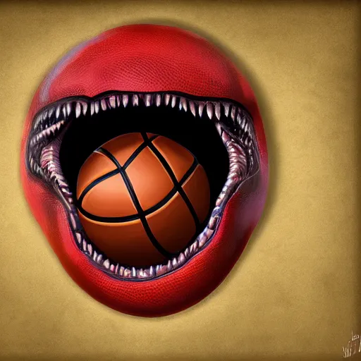 Prompt: a mimic pretending to be a basketball with a long tongue and sharp teeth, fantasy, digital painting