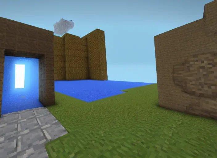 Image similar to minecraft style concept art of a blue portal to a fantasy world