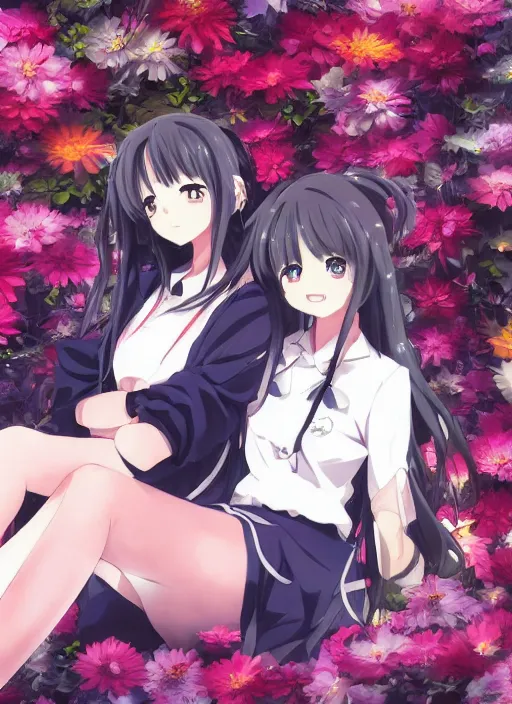 Prompt: two anime girls sitting next to each other, a detailed drawing by pu hua, trending on pixiv, synchromism, official art, made of flowers, anime aesthetic