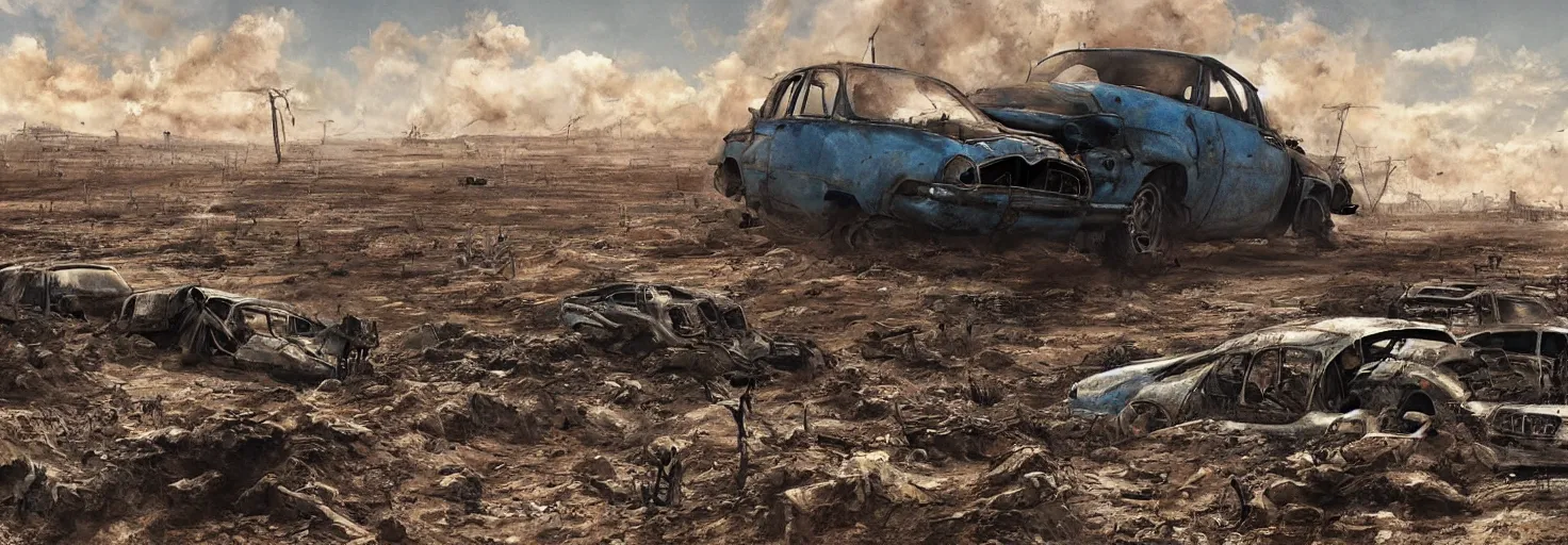 Prompt: wastelands by day, detailed ground, blue sky, smoke, end of war, vehicle wrecks, as seen by the artist, digital artist, simple composition