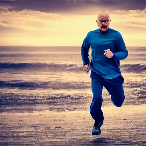 Image similar to Walter White running on the beach, artistic, 8k, cinematic, accurate, symetric, face, dramatic lighting, pastel colours