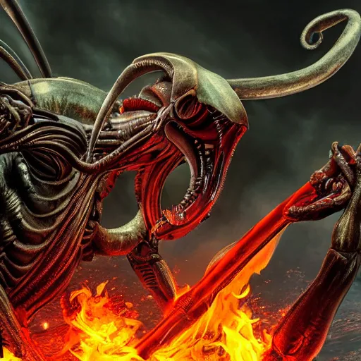 Image similar to Xenomorph holding a fire sword, 8K, realistic digital art