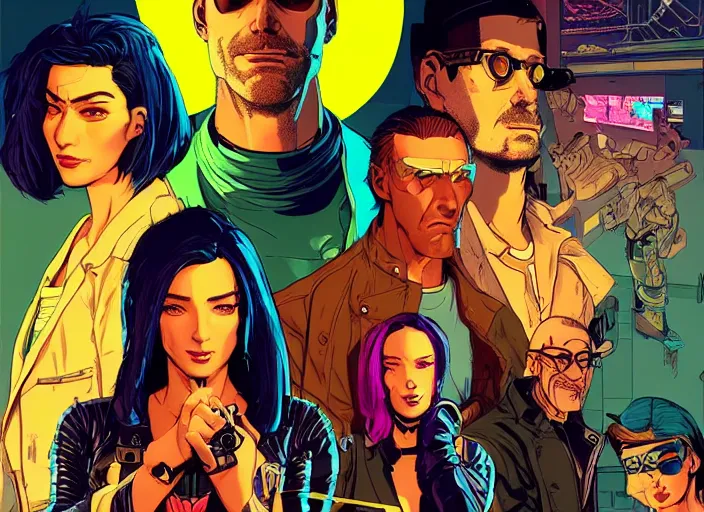 Image similar to cyberpunk heist crew. portrait by stonehouse and mœbius and will eisner and gil elvgren and pixar. character design. realistic proportions. dystopian. cyberpunk 2 0 7 7, apex, blade runner 2 0 4 9 concept art. cel shading. attractive face. thick lines. hi def 4 k. the team. detailed group of interesting characters.