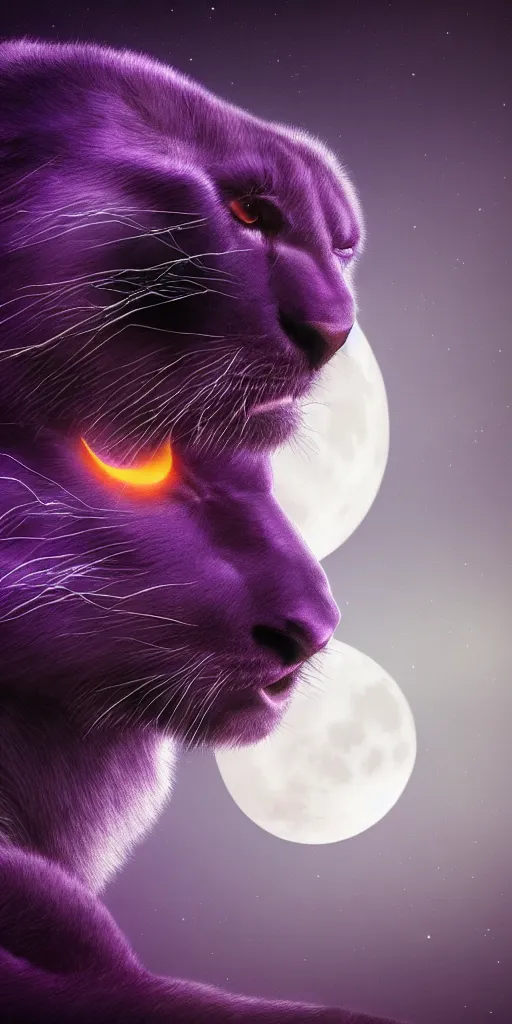 Prompt: high quality render of a purple colored panther roaring at night. large moon in the center of the background. digital drawing, illustration, 4 k, render, matte, highly detailed, artstation, realistic, dramatic, darkness, moon.