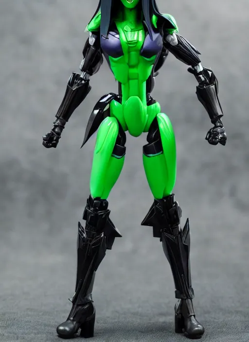 Prompt: Transformers Decepticon Shego action figure from Transformers: Kingdom, symmetrical details, by Hasbro, Takaratomy, tfwiki.net photography, product photography, official media