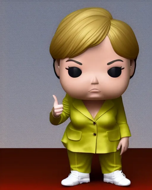 Image similar to full body 3d render of angela merkel as a funko pop, studio lighting, white background, blender, trending on artstation, 8k, highly detailed