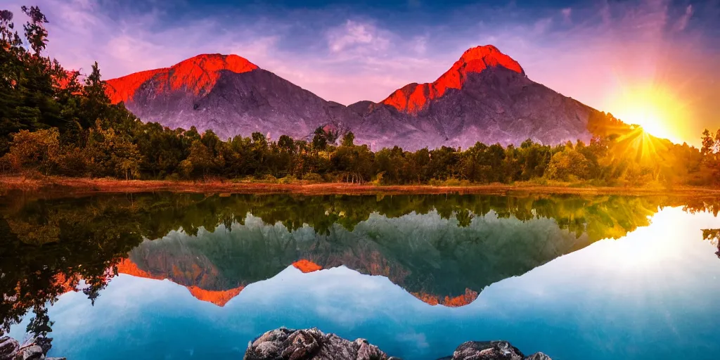 Image similar to A big and beautiful mountain with a clear pond in front of it and an orange sun behind the mountain, neon, vivid
