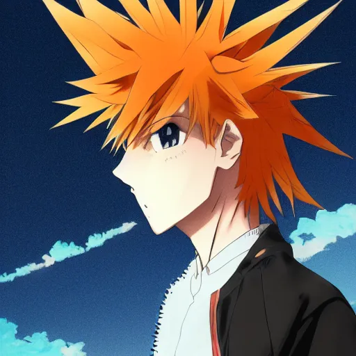 Image similar to orange - haired anime boy, 1 7 - year - old anime boy with wild spiky hair, wearing blue jacket, golden hour, partly cloudy sky, red clouds, orange sky, old town, strong lighting, strong shadows, vivid hues, ultra - realistic, sharp details, subsurface scattering, intricate details, hd anime, 2 0 1 9 anime