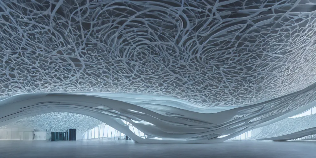 Image similar to extremely detailed awe symmetrical ornate stunning beautiful futuristic smooth curvilinear elegant museum interior by zaha hadid, translucent gills, stunning volumetric light, stainless steel, concrete, translucent material, beautiful sunset, hyper real, 8 k, colorful, 3 d cinematic volumetric light, atmospheric light