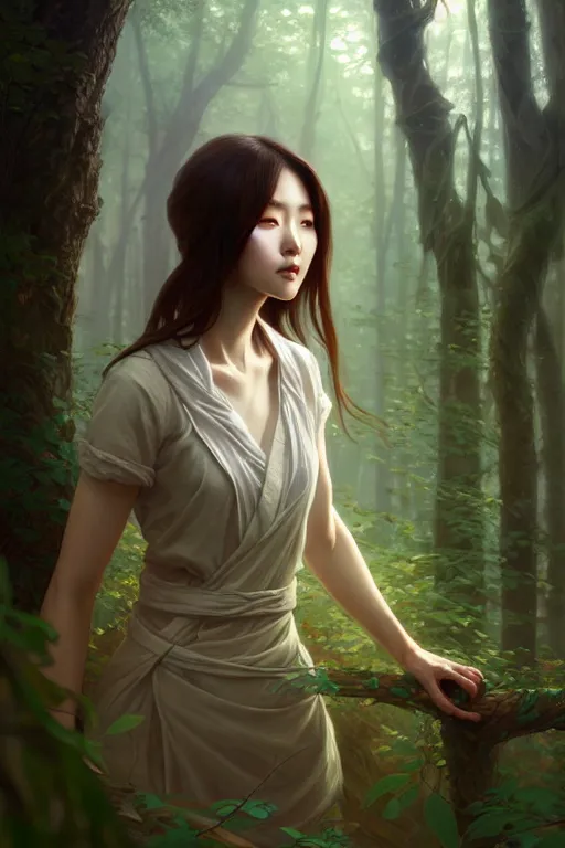 Image similar to beautiful digital painting of a hoyeon jung stylish female forest with high detail, real life skin, freckles, 8 k, stunning detail, works by artgerm, greg rutkowski and alphonse mucha, unreal engine 5, 4 k uhd