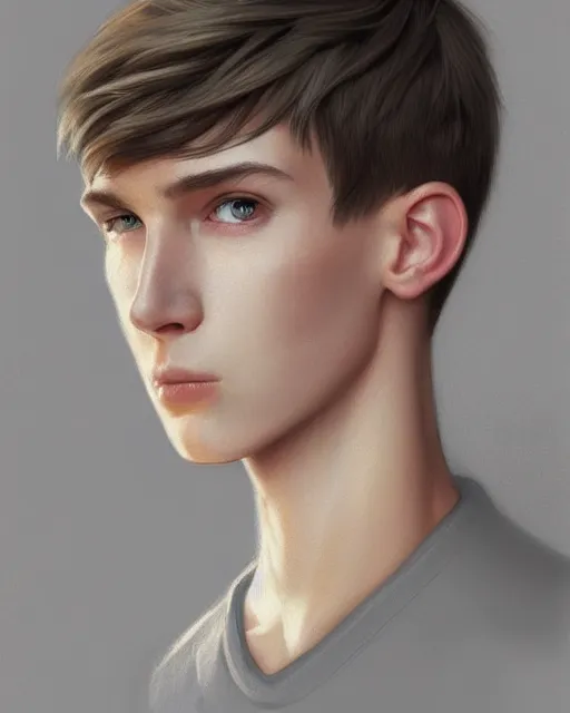Image similar to portrait of 1 5 - year - old boy, a tall, slender boy with a pale, pointed face, sleek blond hair, and ice grey eyes, cold grey eyes, highly detailed, digital painting, artstation, concept art, smooth, sharp focus, illustration, art by artgerm and greg rutkowski and alphonse mucha