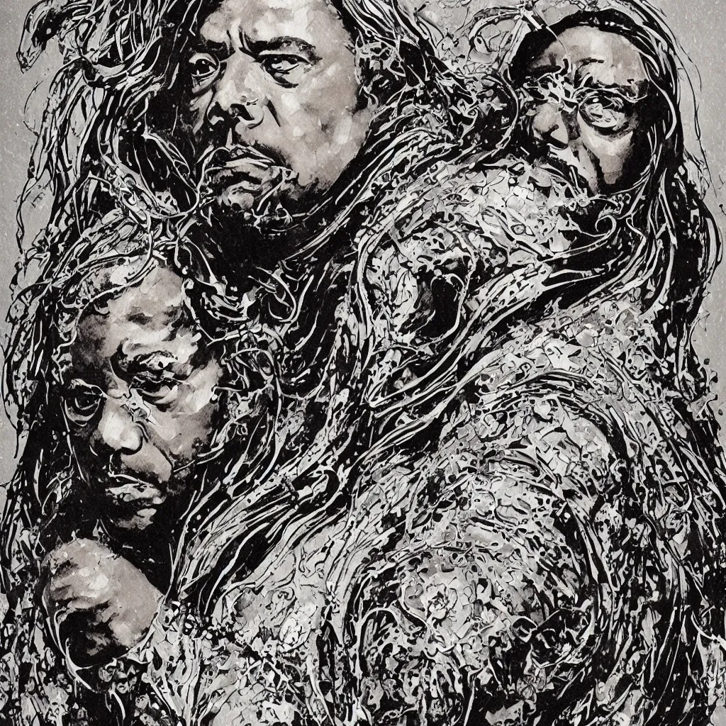 Image similar to A dramatic art nouveau bust portrait of James Earl Jones with long black hair as Thulsa Doom in scratchy detailed armor, metallic art nouveau shield design borders, by Travis Charest, Jia Ruan and Bill Sienkiewicz, fantasy art, watercolor, bleed, splatters, random brush strokes, epic lighting and depth of field, sinister ambience, malevolent expression, determination, dominance, confidence, accurate symmetrical facial details, sumerian, roman, egyptian, medieval, barbarians, warriors, knights, maidens