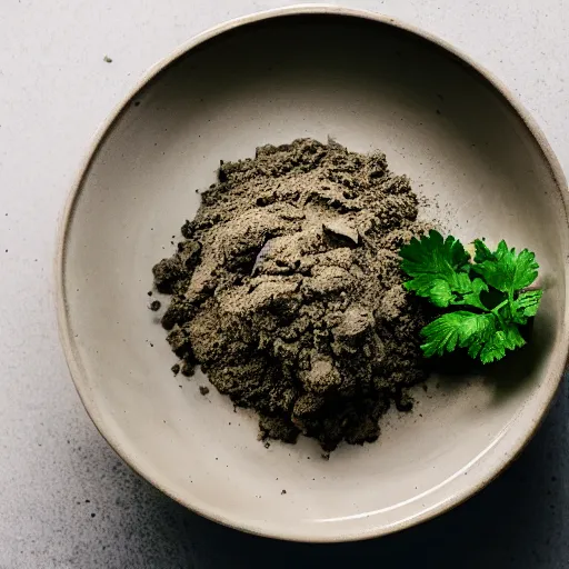 Image similar to a bowl filled with a pile of dirt, garnished with a parsley leaf, food photography, dslr
