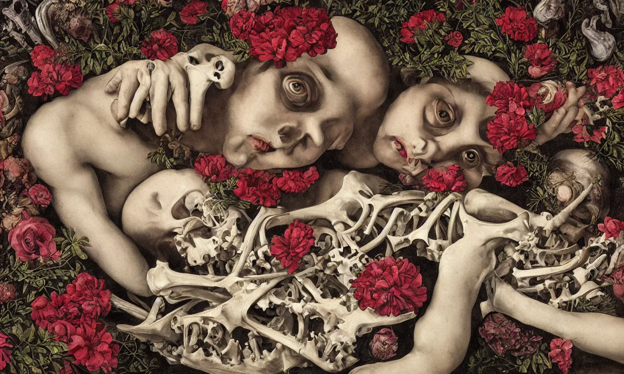 Image similar to man with large eyes and lips laying in bed of bones of flowers, feeling an existential dread of love, HD Mixed media, highly detailed and intricate, surreal illustration in the style of Caravaggio, baroque dark art