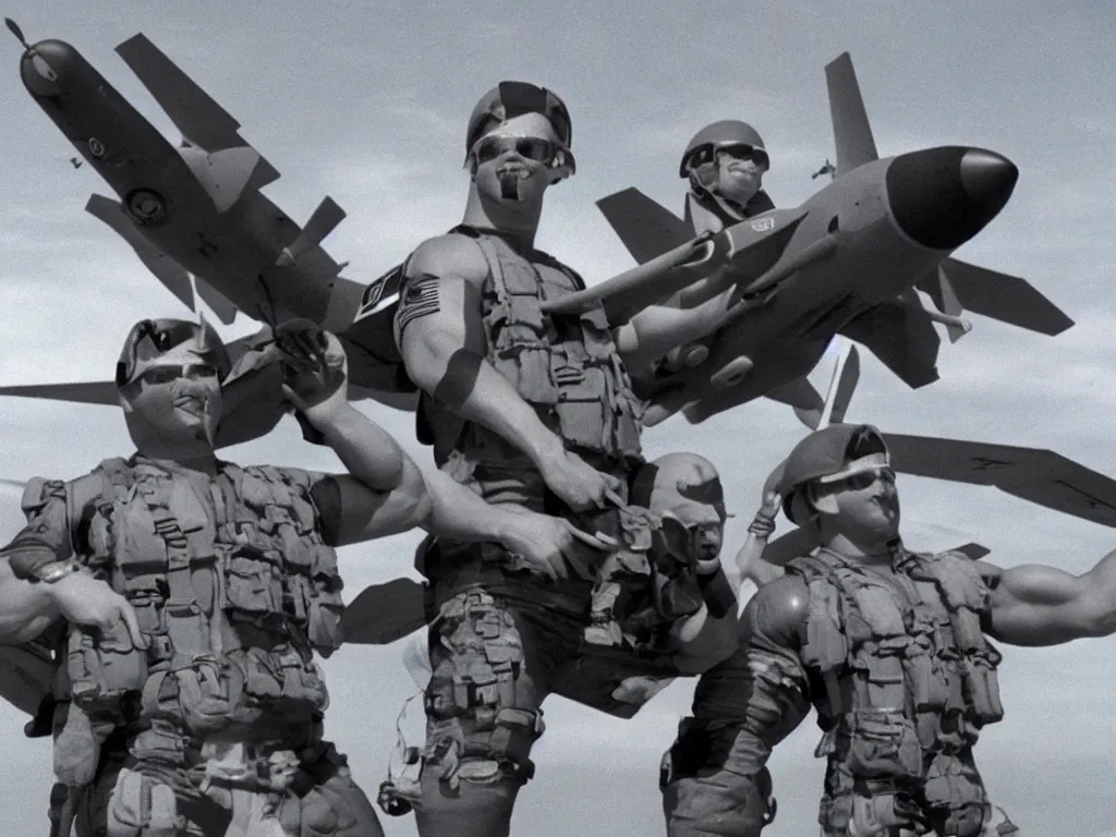 Image similar to vintage 90s VHS video still of muscular males promoting military aircrafts, realistic photo