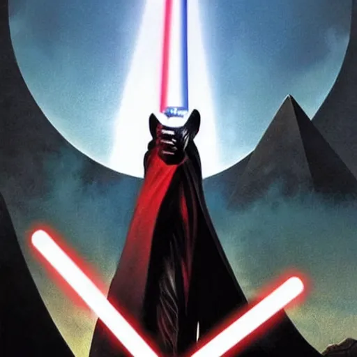 Image similar to morbius. morbius!!!!!!!!!! morbius. morbius holding a lightsaber. and darth vader, pyramids in background.