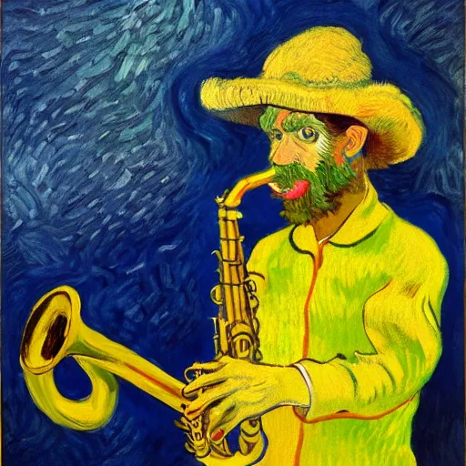 Prompt: man sitting in a yellow costume with a yellow hat holding a saxophone, smoking a cigarette, blue skin, blue smoke, dark background, realistic painting, artwork, meditative, impressionistic, van gogh, monet