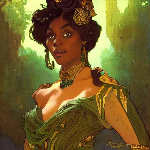 Image similar to a duchess from !Nubia, dark skin, wearing elaborate green and gold, !updo hair, charismatic, warm friendly face, half-body shot, fantasy character portrait by Alphonse Mucha, Greg Rutkowski, Craig Mullins, Gaston Bussiere