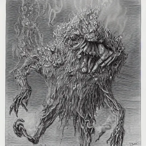 Image similar to full body grayscale drawing by Gustave Dore of Kermit the Frog as an undead monster, Sesame Street, swirling wispy smoke, intricate, very very detailed