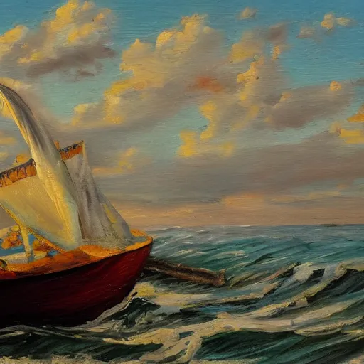 Image similar to a boat in the ocean, oil painting