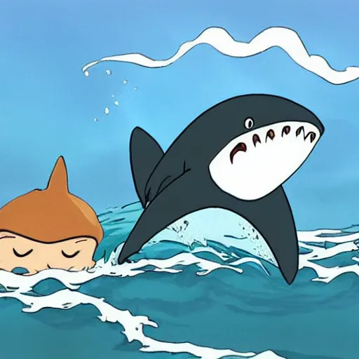 Prompt: shark with bird wings breaching water surface to eat surprised pancake person, cartoon, studio ghibli, manga, anime