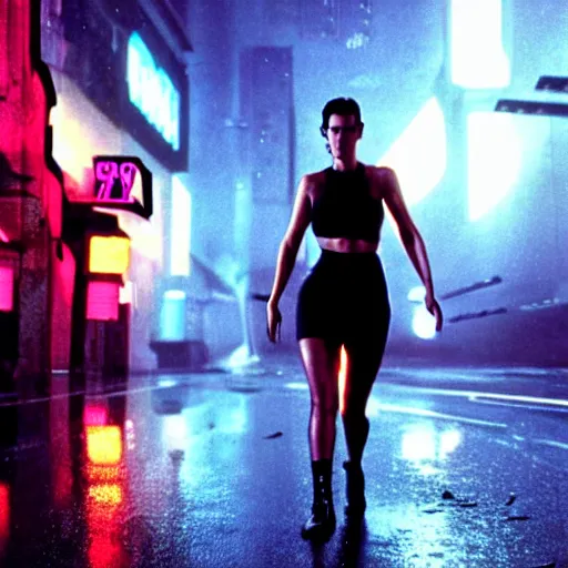 Image similar to jennifer connelly starring in a cyberpunk movie in a distopic futuristic city in the style of bladerunner, wearing a cropped black tank top, black boy shorts and black boots, firing a gun, muzzle flash, movie still, highly detailed, rainy night, volumetric lights, dramatic, scifi, sharp focus