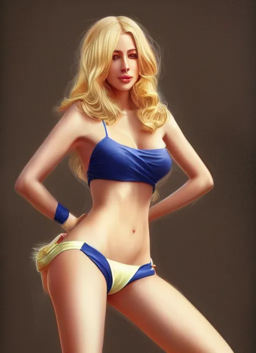 Image similar to full length body photo of a gorgeous blonde female in the style of stefan kostic, realistic, professionally, professionally color graded, sharp focus, 8 k high definition, insanely detailed, intricate, elegant, art by stanley lau and artgerm