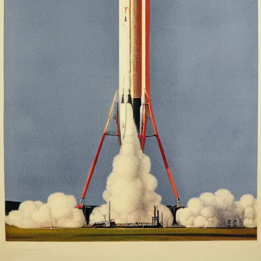 Prompt: color lithograph of a saturn 5 rocket by adolphe millot