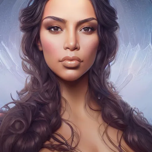 Prompt: portrait of a beautiful thick female, alexandria ortega cortez face, kim kardashian body, D&D, fantasy, intricate, elegant, highly detailed, digital painting, artstation, concept art, smooth, sharp focus, illustration, art by artgerm and greg rutkowski and alphonse mucha