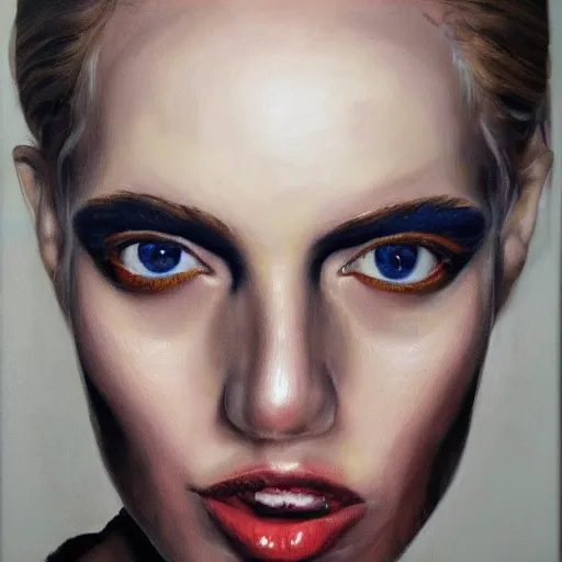 Prompt: hyperrealism oil painting, fashion model portrait, rose eye sockets