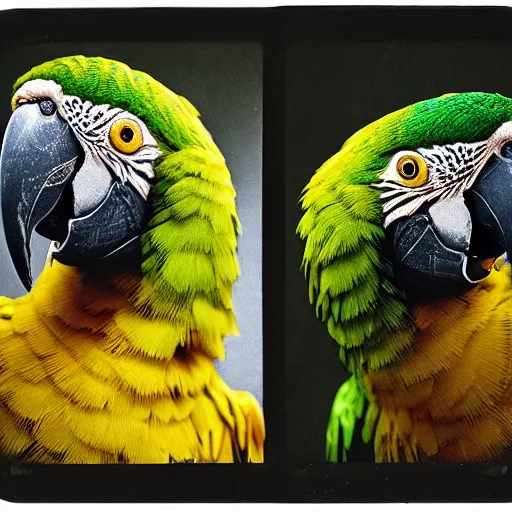Image similar to closeup wet plate photograph of a double yellow - headed amazon parrot, daguerreotype, collodion photography, studio lights, eye catching, exaggerated texture, colorized