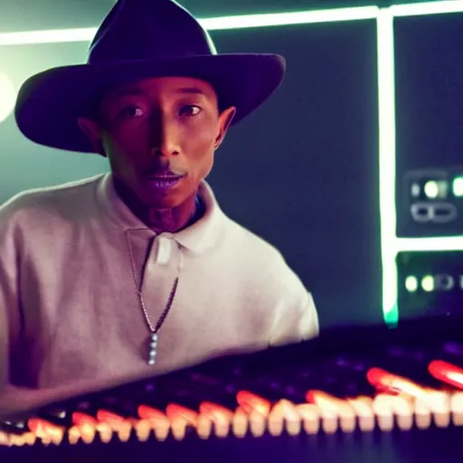 Prompt: cinematic film still of Pharrell Williams Making A Beat with an anthropomorphic alien, Japanese VFX, 2018, 400mm lens, f1.8, shallow depth of field,film photography