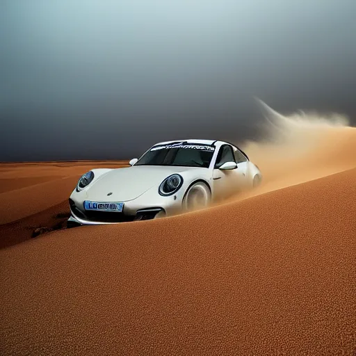 Prompt: a sports magazine image a slick, new, and cool looking porche drifting down a sand dune in the Arabian desert during a monsoon dust storm