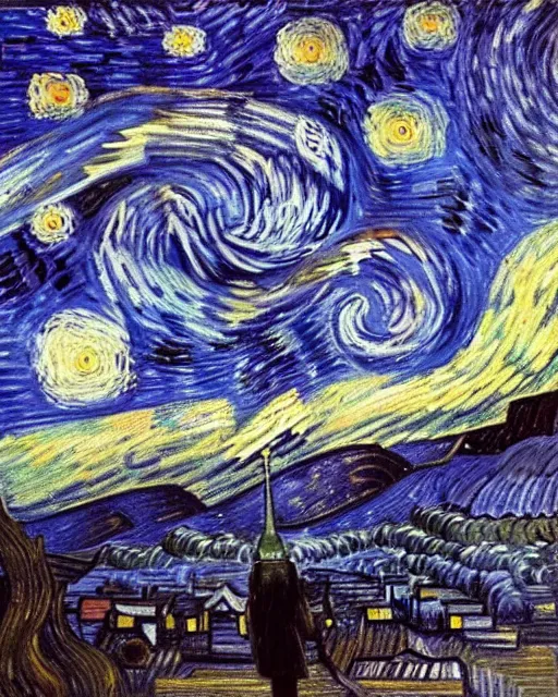 Prompt: a person looking at the night sky with stars, colorful, beautiful, national geographic, very detailed, astrophotography, oil painting, canvas, Vincent van Gogh, Caspar David Friedrich