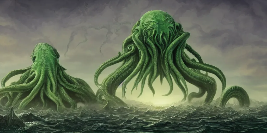 Image similar to a giant cthulhu threatening a city from the horizon while people are terrified, year 1920, digital art, shades of green