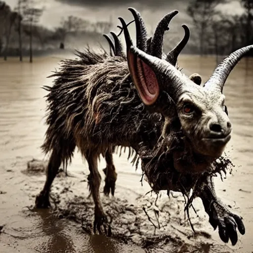 Image similar to horror, action photo, hd, depth of field, moody, a monstrous mutant goat creature is galloping across a muddy medieval village square in daylight, filthy matted fur, human eyes, disturbing, mutated, crocodile - like teeth