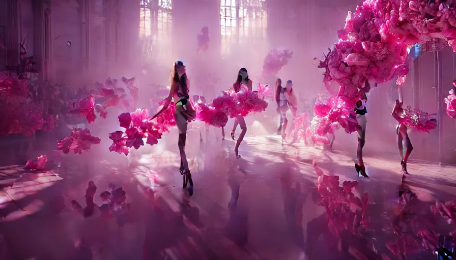 Image similar to victoria secret runway show, light, shadows, reflections, flowers, epic composition, intricate, elegant, volumetric lighting, digital painting, highly detailed, artstation, sharp focus, illustration, concept art, ruan jia, steve mccurry, artgerm and mina petrovic and timothy kong and marina federovna