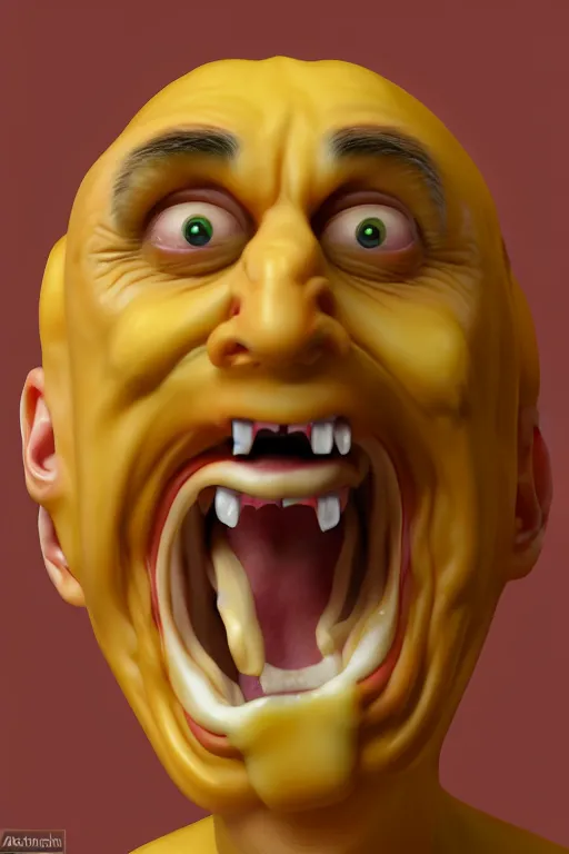 Prompt: a realistic man made of cheese screaming, extremely detailed, photo, trending on artstation, 8 k, - w 7 6 8