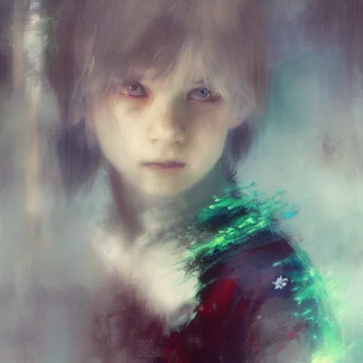 Prompt: a young boy of just 14 with snow white hair and glowing green eyes who can walk through walls, disappear, and fly. Ruan Jia