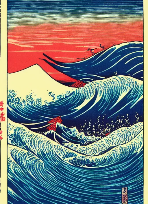 Image similar to a painting of waves in the ocean with mountains in the background, a woodcut by utagawa hiroshige ii, pixiv, ukiyoe, ukiyoe, vaporwave, woodcut