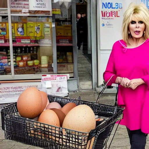 Image similar to a beautiful portait for joanna lumley selling eggs outside a co - operative store during world war 4, epic, beautiful, monumental, 4 k, mexican, victorian,