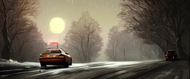 Image similar to Audi A4 B6 Avant (2002), a gritty neo-noir, Robot horror, dramatic bright lighting, cinematic, establishing shot, extremely high detail, photorealistic, cinematic lighting, artstation, by simon stalenhag, Snowy italian road, Snowy Apennines, At night, Poets of the Fall - Late Goodbye