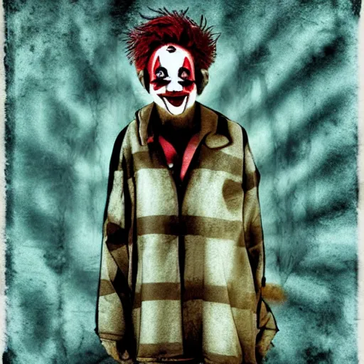 Image similar to « grunge illustration worn down clown, with a very depressing background and lights »