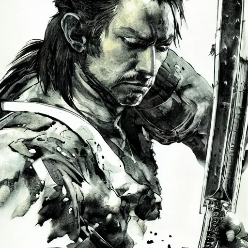 Image similar to portrait of a hero holding his sword in front of his face by yoji shinkawa, high quality, extra details, realism