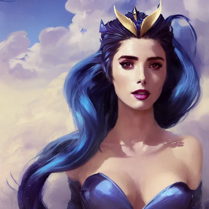 Image similar to portrait of a combination of Ashley Greene, Adriana Dxim, Grace Kelly and Lily Collins with blue hair as Syndra from League of Legends, countryside, calm, fantasy character portrait, dynamic pose, above view, sunny day, thunder clouds in the sky, artwork by Jeremy Lipkin and Giuseppe Dangelico Pino and Michael Garmash and Rob Rey and Greg Manchess and Huang Guangjian, very coherent asymmetrical artwork, sharp edges, perfect face, simple form, 100mm