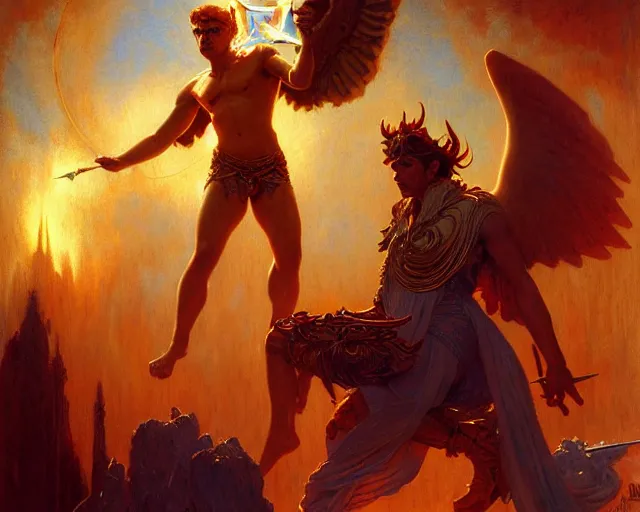 Image similar to attractive male deity, casting demonic magic, summoning handsome lucifer morning star. highly detailed painting by gaston bussiere, craig mullins, j. c. leyendecker 8 k